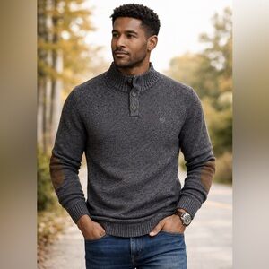 Men’s Chaps Gray Henley Sweater with Elbow Patches Casual Preppy Size Medium